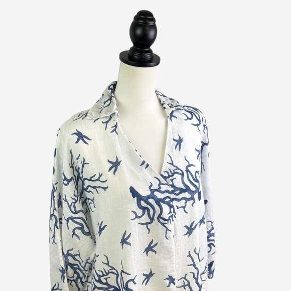 Cristina Vergani Linen Blend Coral Print Dress Hi-Low Size M Italy White Blue - Picture 4 of 15